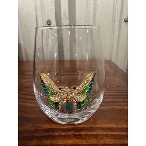 Butterfly Enamel Rhinestone Stemless Wine Glass Set of 2 Clear Green Gold Tone